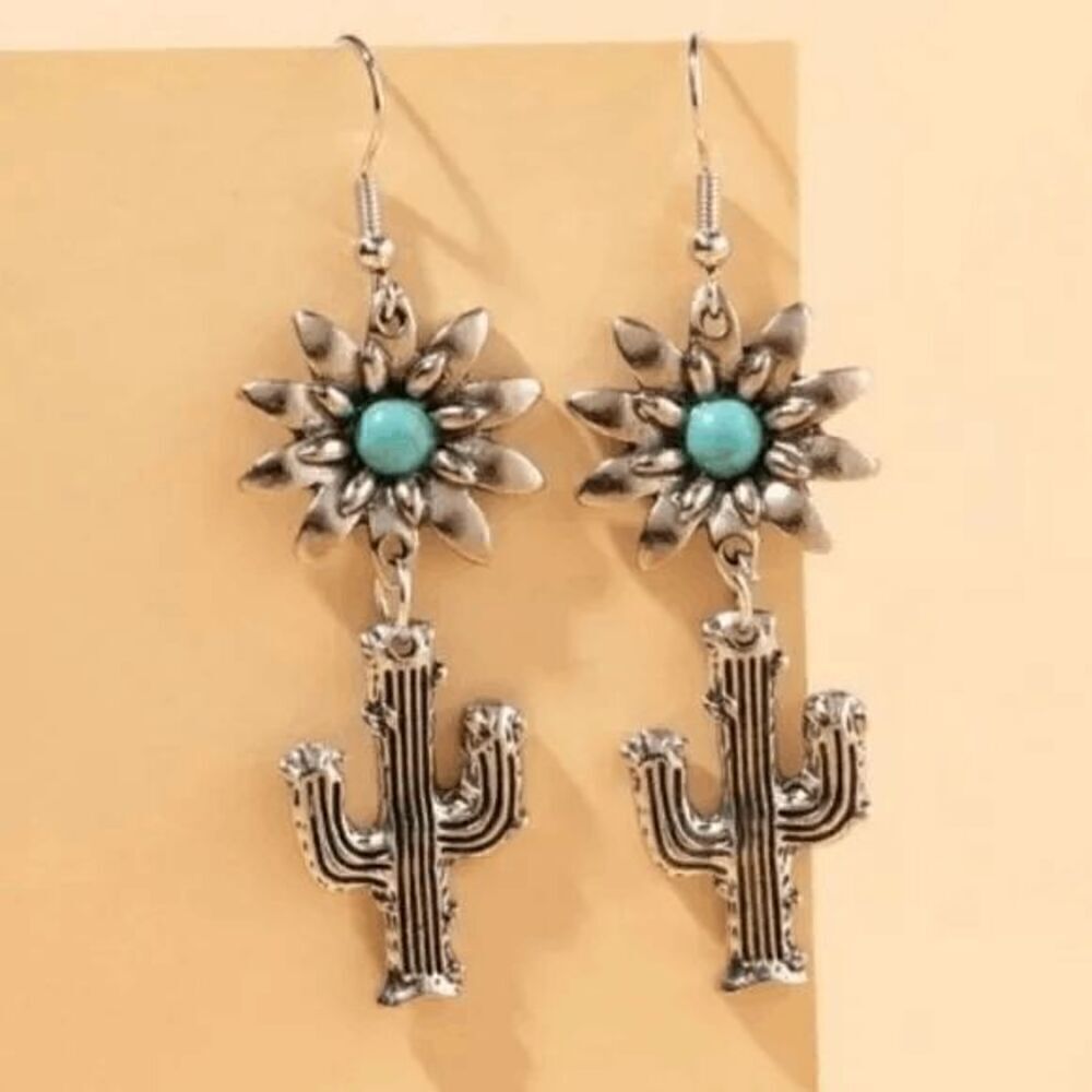 FLOWER CACTUS SILVER TURQUOISE DANGLE EARRINGS